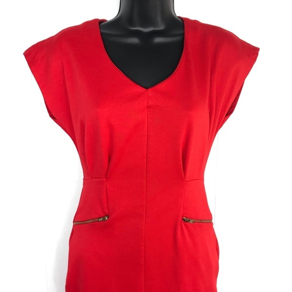 Red V Neck Cap Sleeve Dress with Gold Zipper Pockets Sheath Style - Picture 2 of 4